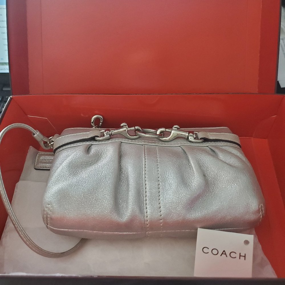 New In Box Coach Silver Metallic Pleated Wristlet